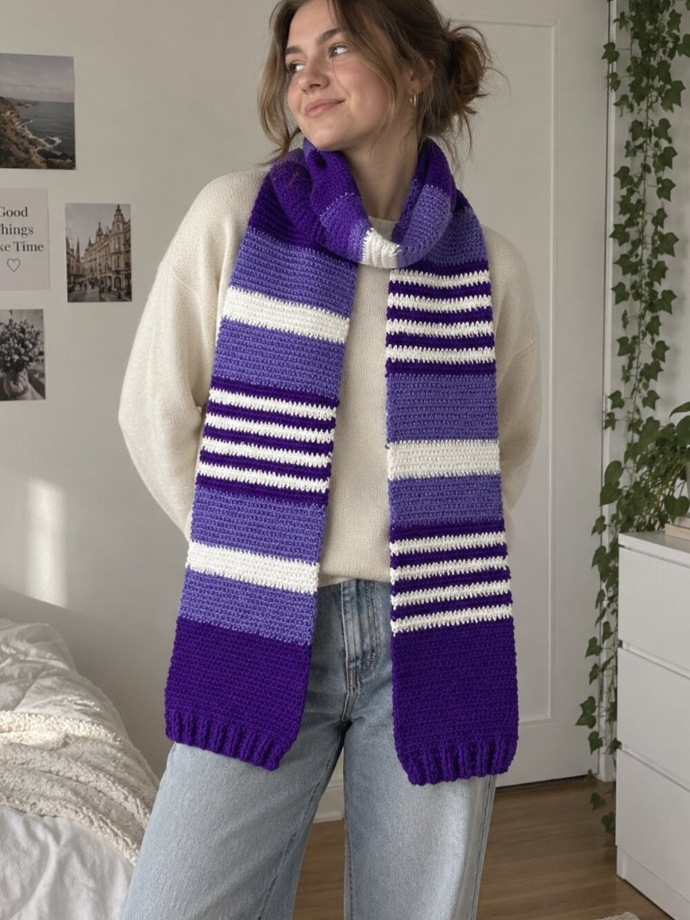 Handmade Knit Scarf – Purple Striped